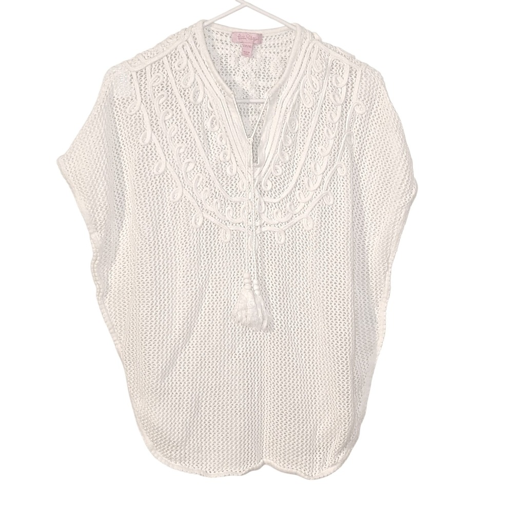 Lilly Pulitzer White Crochet Knit Poncho Cover Up Soutache Embroidery XXS/XS